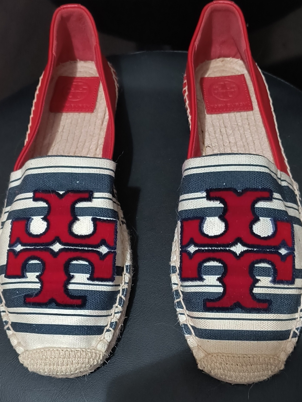 Tory Burch Red-Accent Striped Espadrille Flats